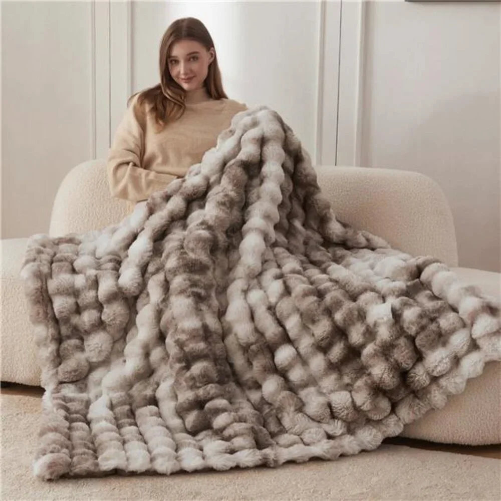 Faux Fur Throw Blanket Soft Plush Fuzzy Cozy Couch Sofa 50x60 Brown Rabbit Fur
